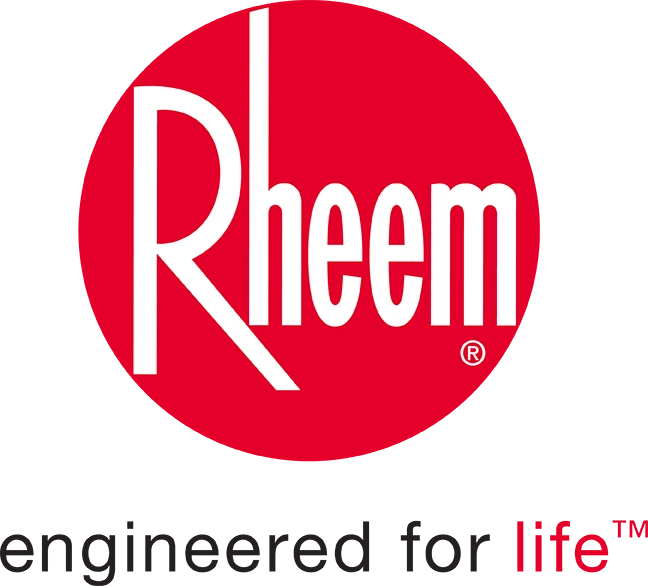 Rheem logo featuring the word "Rheem" in white letters on a red oval background with a gray border.